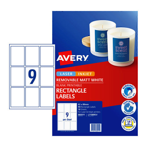 Avery Removable Rectangular Labels 9Up (62x89mm)